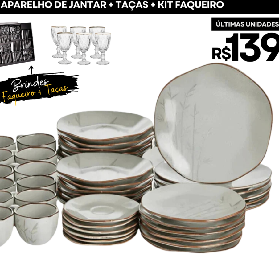 Kit com 54 Peças Aparelho de Jantar em Porcelana de Luxo
